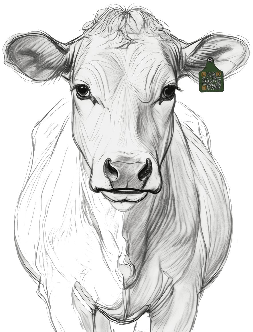 A pencil-sketch portrait of a cow facing the camera, an orange-and-green AgTag fitted to her right ear.