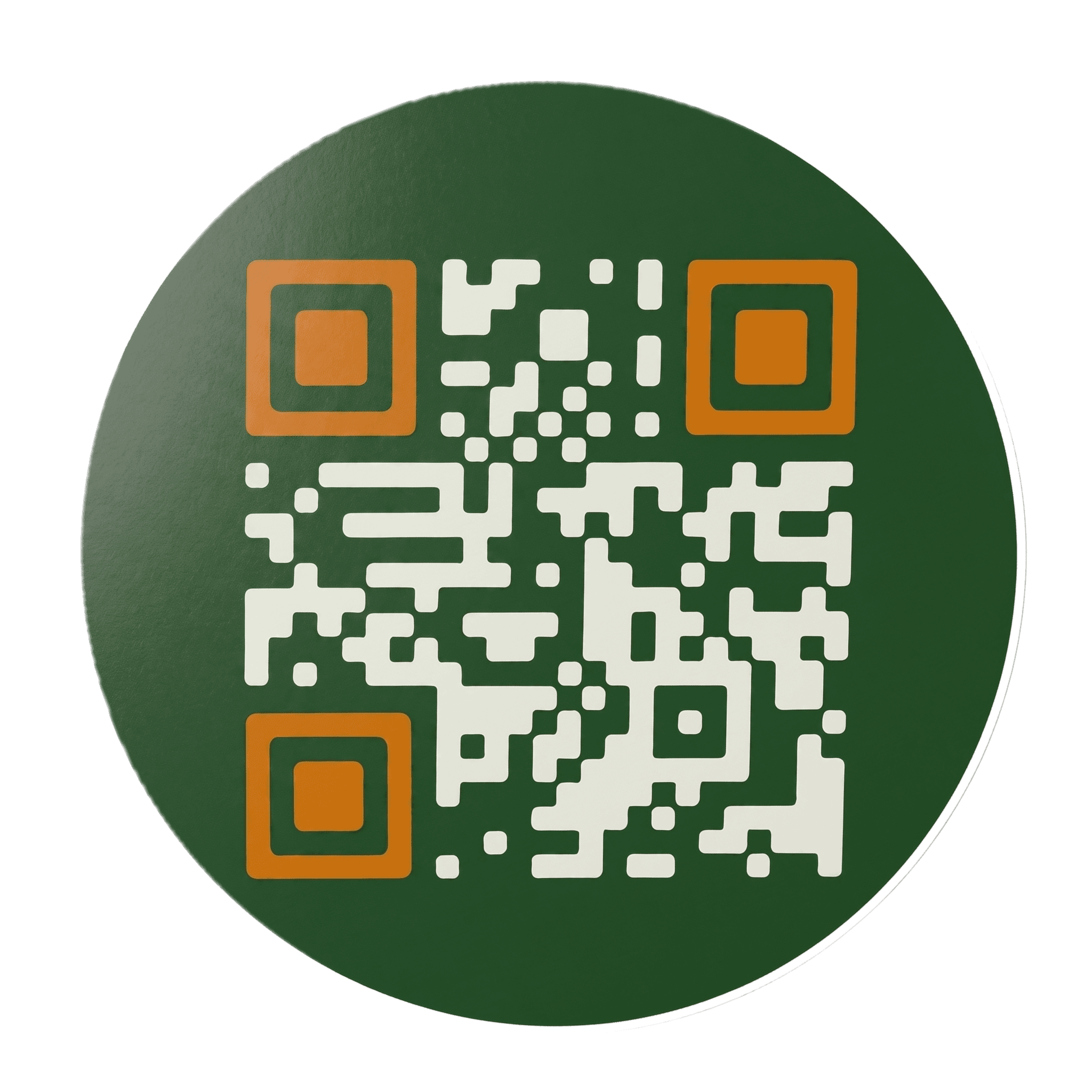 Glossy AgTag sticker prototype — a circular peel-and-stick label with a QR code printed on it.